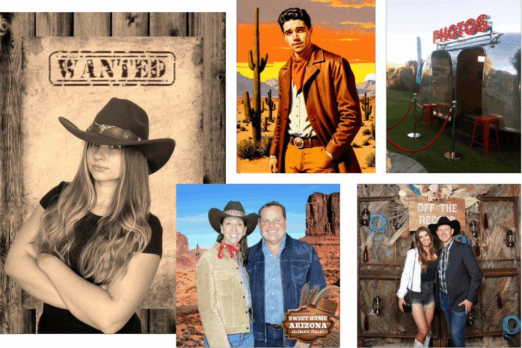 Guests pose in front of Western-themed backdrops, props, and set designs at a Phoenix Arizona Western Photo Booth, featuring a Wild Wild West Photo Booth with cowboy hats, rustic saloon scenes, wanted posters, and a vintage airstream setup—perfect for immersive Cowboy Photo Booth and Western Photo Booth experiences at corporate events.