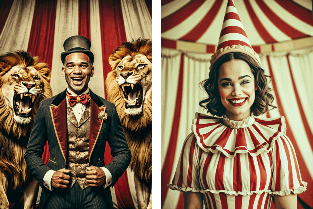 Phoenix Arizona Circus Themed AI Photo Booth portraits featuring a smiling ringmaster with roaring lions and a cheerful clown character in red and white striped costumes, digitally transformed for a fun and immersive corporate event experience