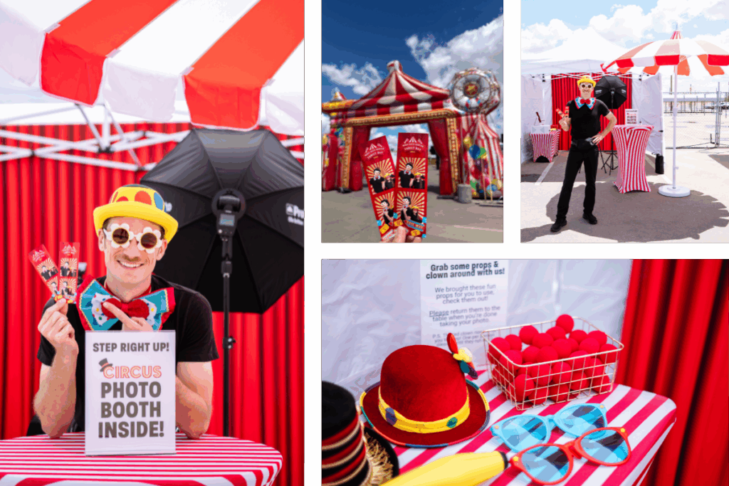 Phoenix Arizona Circus Themed Photo Booth setup with red and white striped tent, colorful circus props like clown hats and noses, custom 2x6 photo strips, and a costumed photo booth attendant at a corporate family fun day event