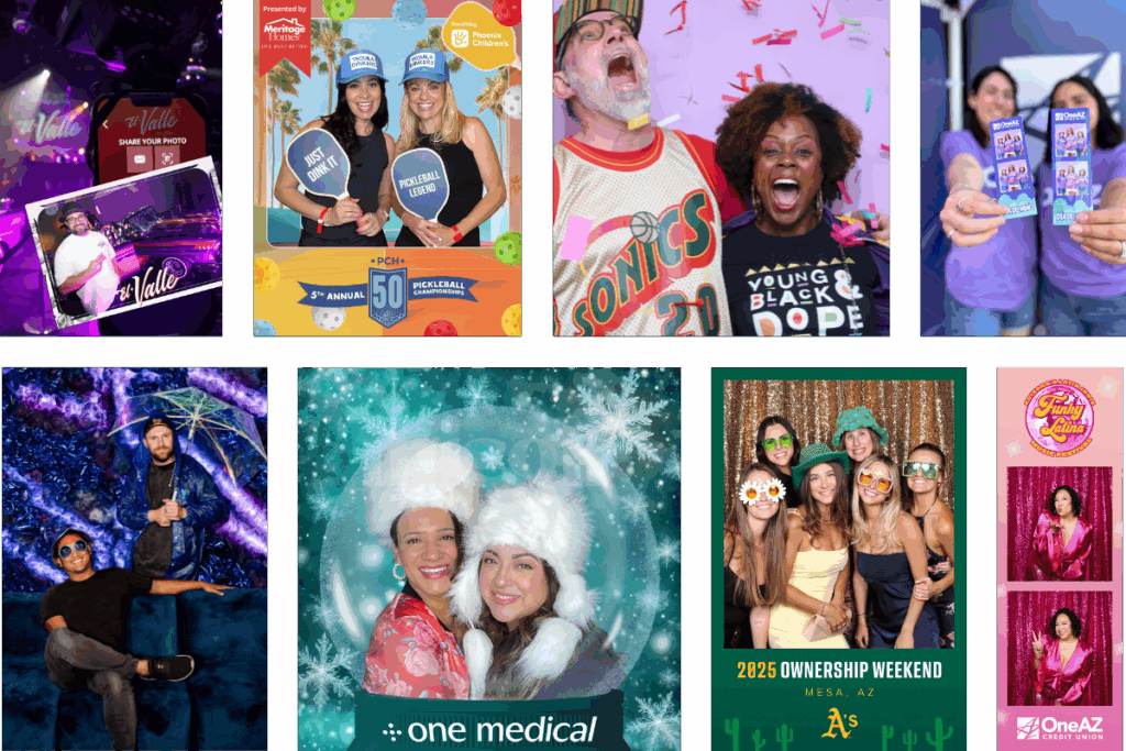 A collage of branded photo booth activations by MISGIF, a leading Phoenix Arizona Photo Booth Vendor for Corporate Events, featuring diverse guests enjoying custom backdrops, branded frames, animated GIFs, and themed props at events for OneAZ Credit Union, Phoenix Children’s Hospital, One Medical, and other corporate partners across Arizona.