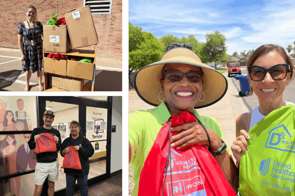 MISGIF Photo Booths giving back to the Tempe, Arizona community through their partnership with Dsquared Homes for the Homeless—team members smile while delivering Good Neighbor Bags filled with essentials for unsheltered neighbors, supporting local impact through Tempe Arizona photo booth rentals for corporate events.