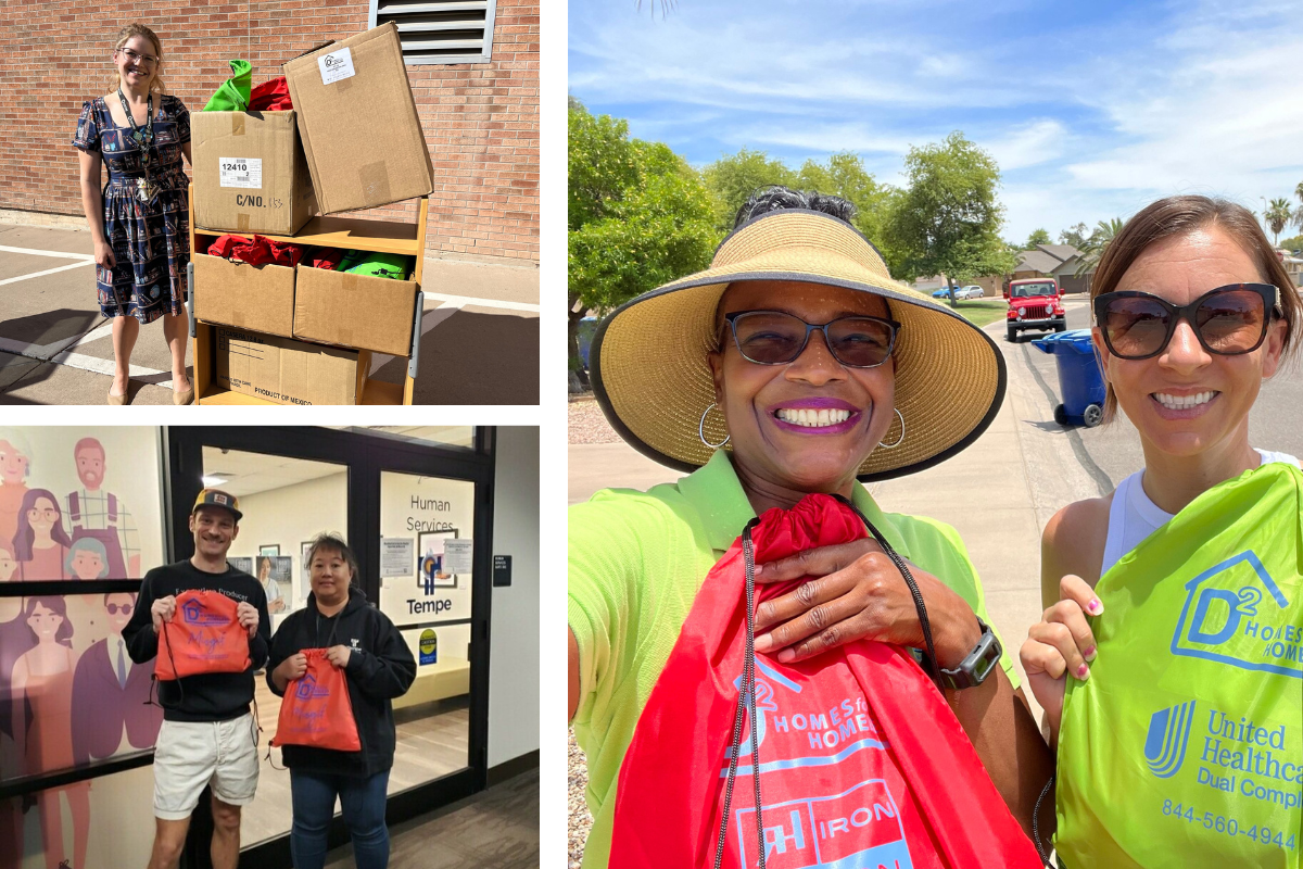 MISGIF Photo Booths giving back to the Tempe, Arizona community through their partnership with Dsquared Homes for the Homeless—team members smile while delivering Good Neighbor Bags filled with essentials for unsheltered neighbors, supporting local impact through Tempe Arizona photo booth rentals for corporate events.