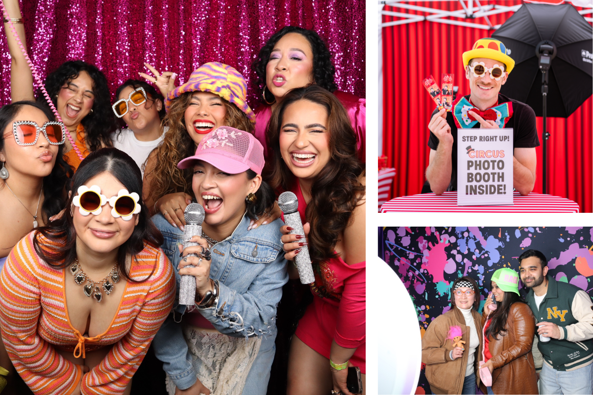 Guests enjoy vibrant, themed photo booth activations including a retro glam booth, circus-style setup, and 90s-inspired experience by MISGIF, a leading Phoenix Arizona Corporate Event Photo Booth Vendor and Phoenix Photo Booth Small Business known for creating high-energy, fully branded experiences for company events, conferences, and activations.