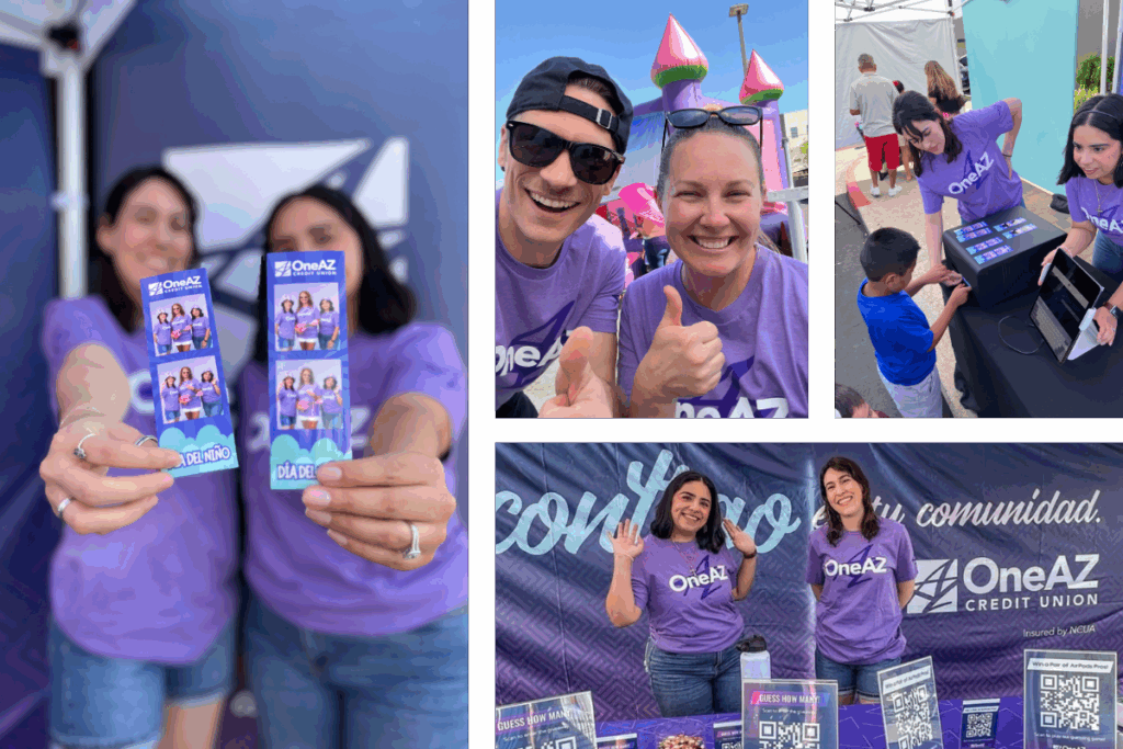 OneAZ Credit Union team members engage with families and children at Día del Niño using a Phoenix Arizona Family-Friendly Photo Booth by MISGIF, featuring branded kid-friendly photo strips, a digital sharing station, and on-site staff—part of MISGIF’s Phoenix Arizona Kid Friendly Photo Booth and Photo Booth Rentals for Festivals and Community Events.