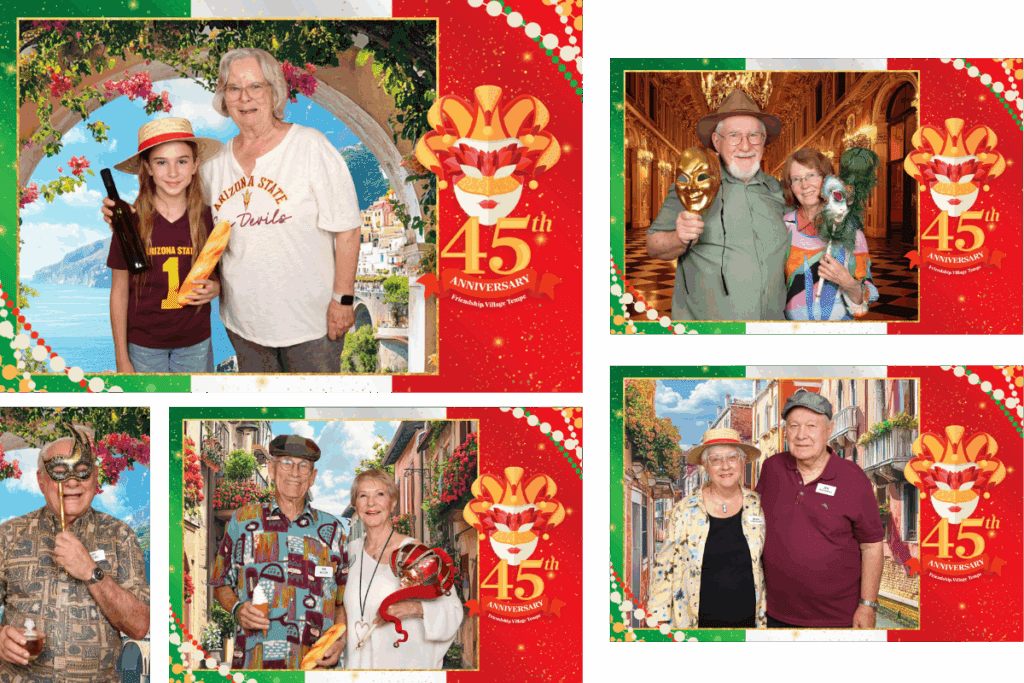 Guests of all ages pose with wine bottles, Venetian masks, and Italian-themed props in front of colorful digital Italian photo booth backdrops, celebrating Friendship Village’s 45th Anniversary with MISGIF’s Phoenix Arizona Italy Photo Booth featuring immersive MISGIF's Magic Green Screen Photo Booth technology.