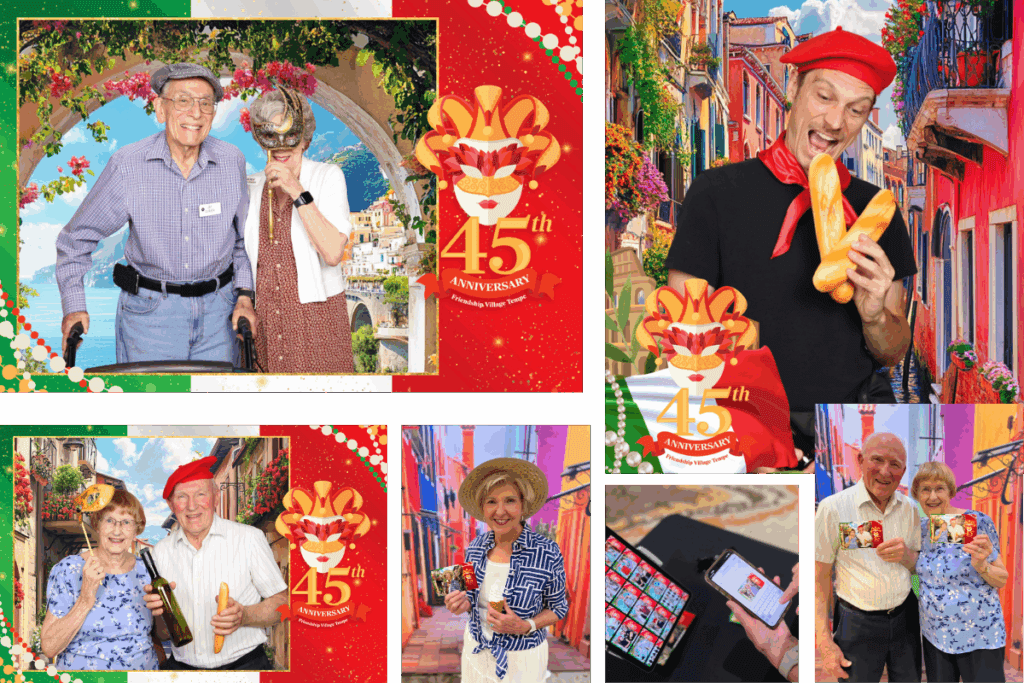 Guests pose with Italian-themed props including baguettes, wine bottles, and masks in front of colorful digital Italian photo booth backdrops at a Phoenix Arizona Italy Photo Booth rental, celebrating Friendship Village’s 45th Anniversary with MISGIF’s immersive Magic Green Screen Italian Photo Booth experience.