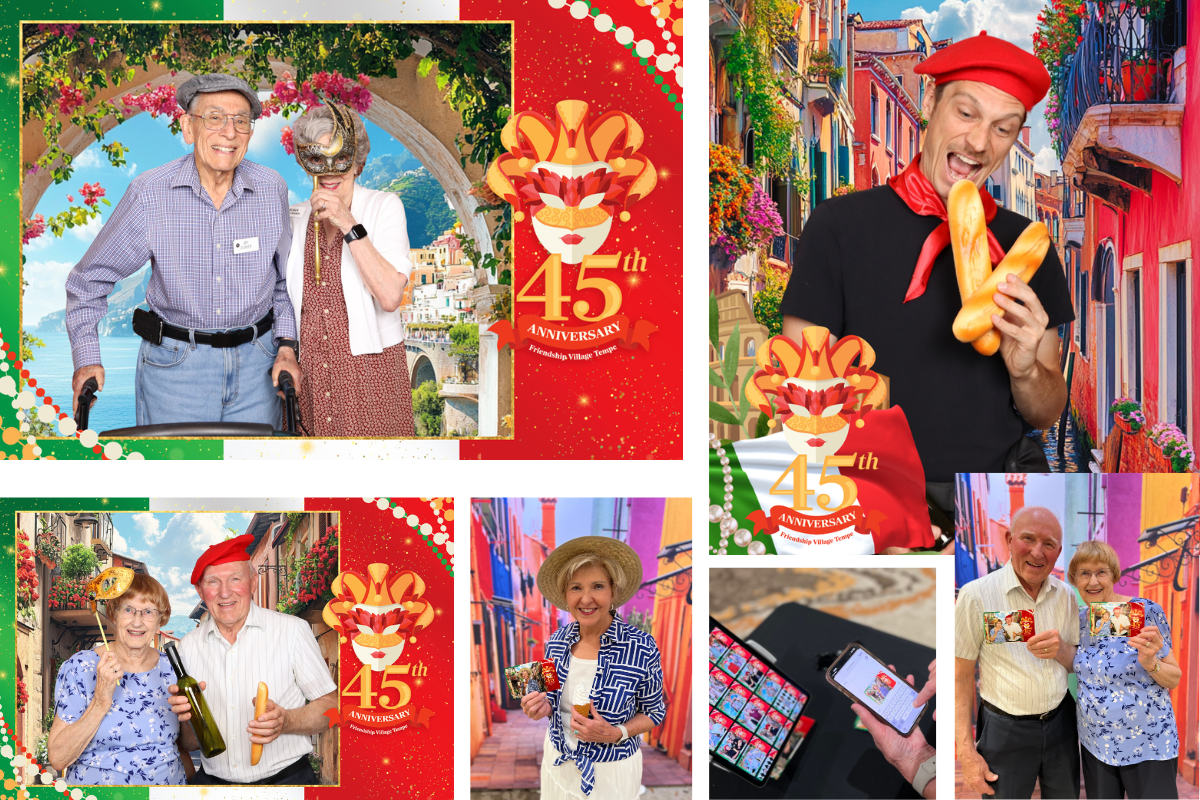 Guests pose with Italian-themed props including baguettes, wine bottles, and masks in front of colorful digital Italian photo booth backdrops at a Phoenix Arizona Italy Photo Booth rental, celebrating Friendship Village’s 45th Anniversary with MISGIF’s immersive Magic Green Screen Italian Photo Booth experience.