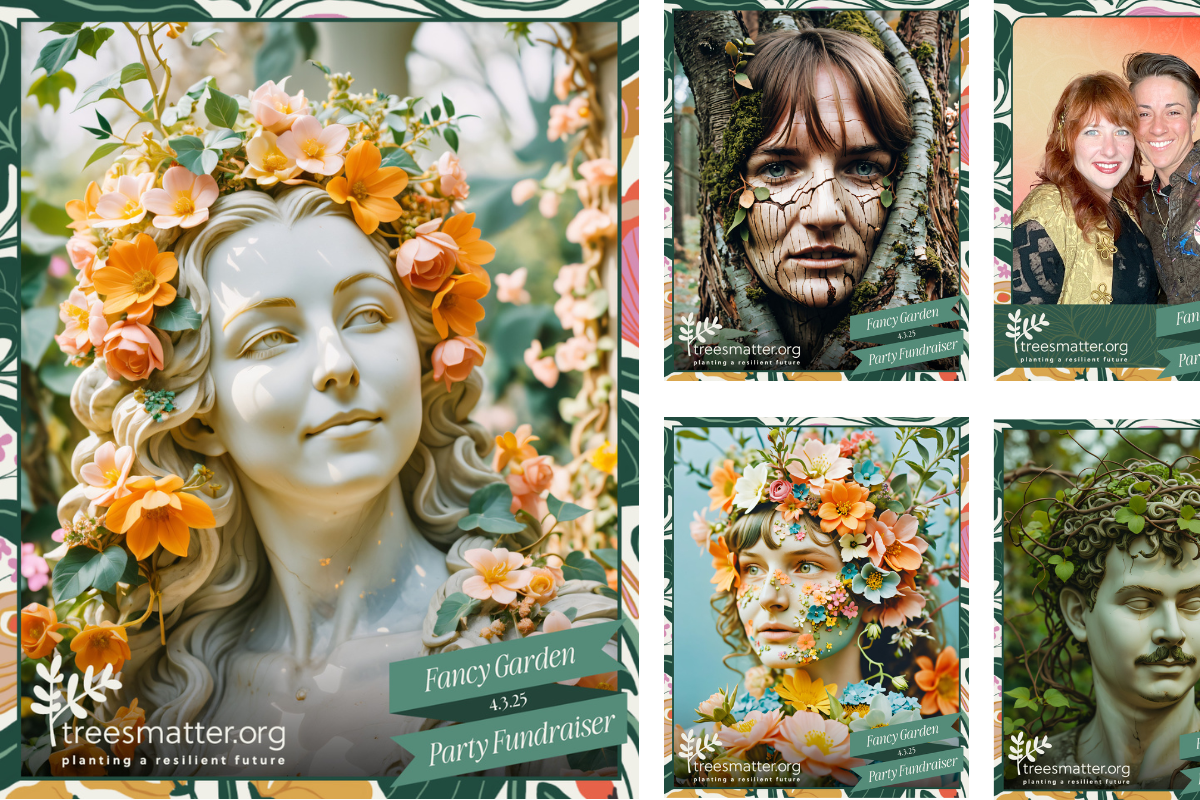 Guests at the Trees Matter Fancy Garden Party Fundraiser in Phoenix, Arizona pose for artistic portraits using MISGIF’s Phoenix Arizona AI Photo Booth, which transforms attendees into living trees and floral sculptures—part of a Phoenix Arizona nonprofit photo booth experience that supports local tree planting and environmental education initiatives.