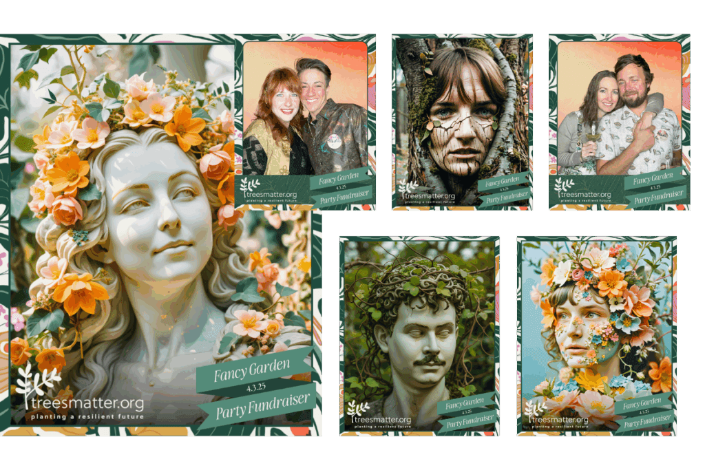 Guests at the Trees Matter Fancy Garden Party Fundraiser in Phoenix, Arizona pose for artistic portraits using MISGIF’s Phoenix Arizona AI Photo Booth, which transforms attendees into living trees and floral sculptures—part of a Phoenix Arizona nonprofit photo booth experience that supports local tree planting and environmental education initiatives.