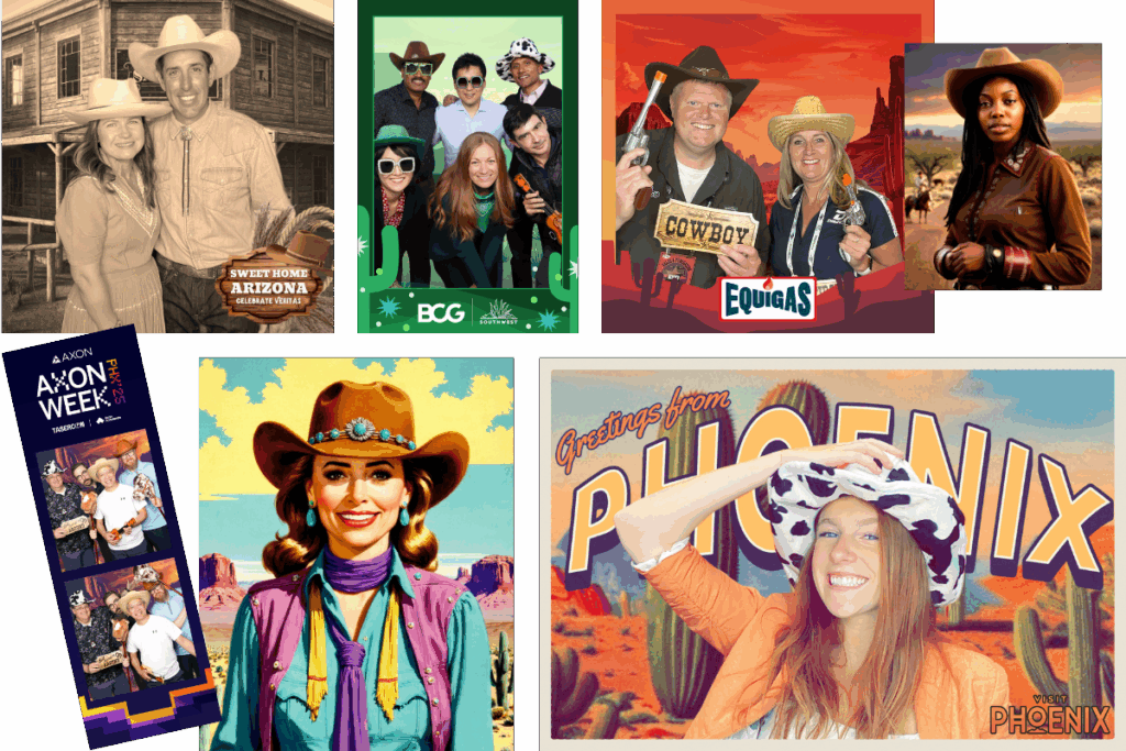 Corporate event guests pose in themed scenes with cowboy hats, Western props, and Arizona desert backdrops at a Phoenix Arizona Western Photo Booth, featuring creative Wild Wild West Photo Booth setups and Cowboy Photo Booth activations—perfect for branded, high-energy Western Photo Booth rentals.