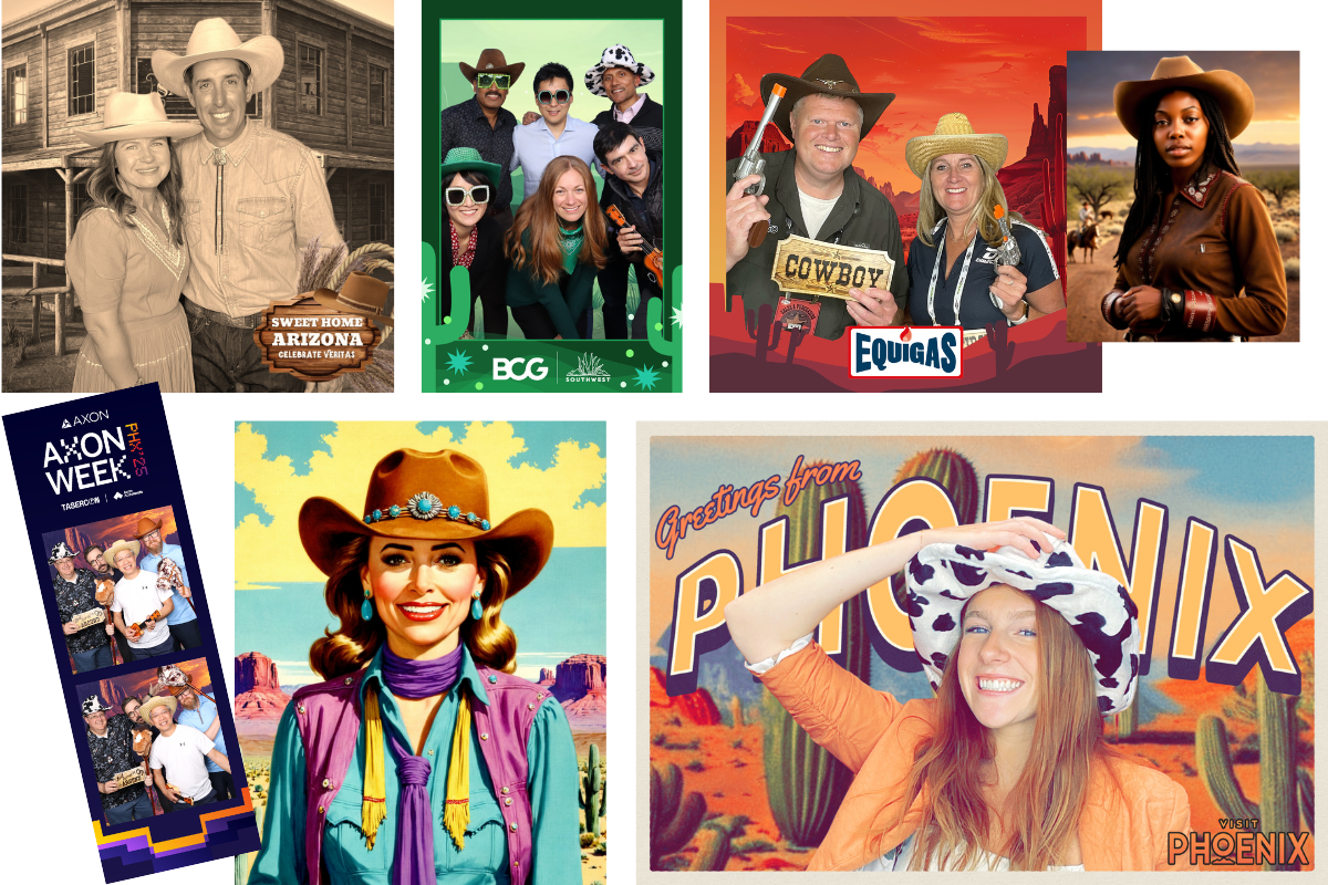 Corporate event guests pose in themed scenes with cowboy hats, Western props, and Arizona desert backdrops at a Phoenix Arizona Western Photo Booth, featuring creative Wild Wild West Photo Booth setups and Cowboy Photo Booth activations—perfect for branded, high-energy Western Photo Booth rentals.