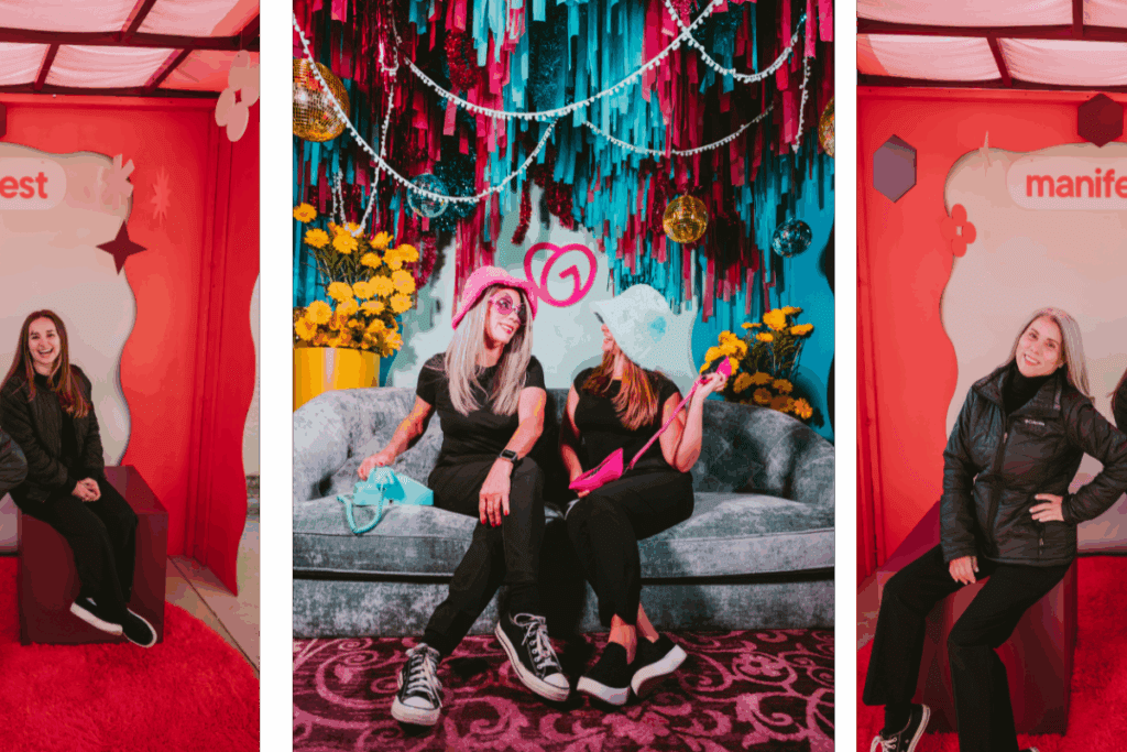 Group of women smiling and posing at a vibrant, woman-owned photo booth rental setup in Phoenix, Arizona featuring bold decor, a velvet couch, and colorful fringe backdrop—highlighting MISGIF’s creative, woman-led event rentals for corporate events.