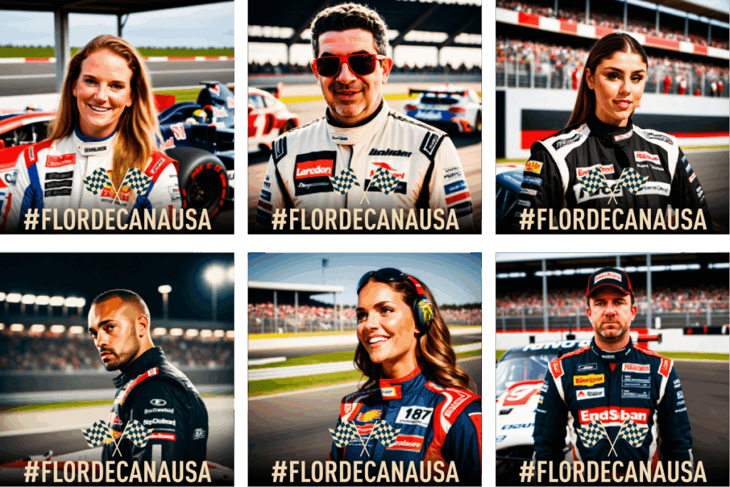 Grid of six AI-generated portraits featuring diverse race car drivers at a branded photo booth activation by MISGIF, themed for a race car event. Each portrait showcases individuals in racing suits with track backgrounds, created using AI technology for immersive, branded corporate event experiences. Ideal for race car themed events and Formula 1 inspired and NASCAR AI photo booths.