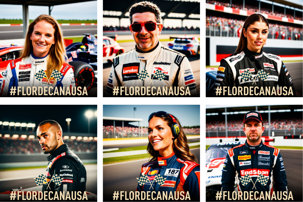 A grid of six AI-generated portraits showcasing diverse individuals as race car drivers, each wearing a branded racing suit with dynamic track backgrounds. Created by MISGIF for a high-impact photo booth activation, this experience blends AI technology and immersive design for corporate events. Perfect for race car themed activations, Formula 1 inspired experiences, and branded AI photo booths.