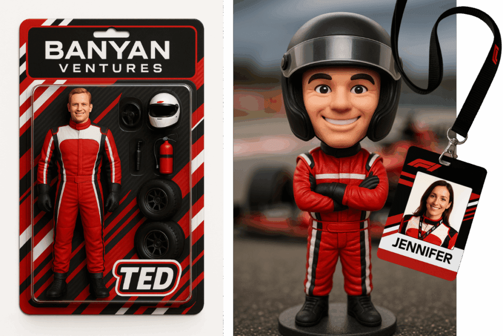 Race car themed photo booth activation concepts including a custom-branded race car driver action figure in retail-style packaging and a bobblehead figurine with matching event badge. Ideal for corporate events and AI-powered photo booth activations inspired by Formula 1, NASCAR and motorsport themes. Created by MISGIF for immersive and shareable race car themed event experiences.
