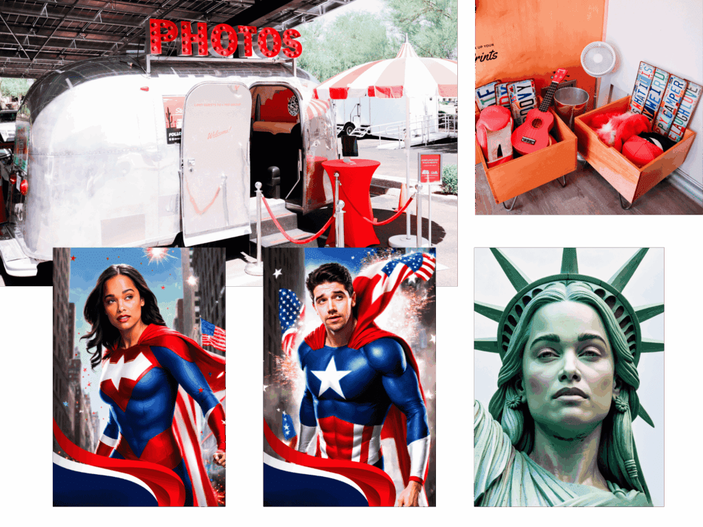 Collage showcasing MISGIF’s 4th of July AI Photo Booth and Vintage Airstream Photo Booth rental in Phoenix, Arizona. Features include an AI-powered patriotic photo experience where guests are transformed into superheroes and Lady Liberty, a retro silver Airstream trailer outfitted for nostalgic photo strips, and red, white, and blue themed props. Perfect for Independence Day events, USA-themed brand activations, and corporate celebrations across Arizona and the United States.
