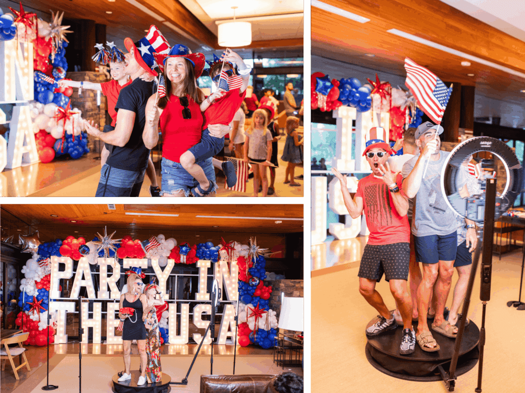 Guests celebrating at a 4th of July themed photo booth in Phoenix, Arizona, featuring MISGIF’s interactive 360 video booth and red, white, and blue balloon backdrop with “Party in the USA” marquee letters. Patriotic props, American flags, and high-energy guest participation make this USA themed photo booth rental perfect for Independence Day events and corporate celebrations across Arizona and the United States.