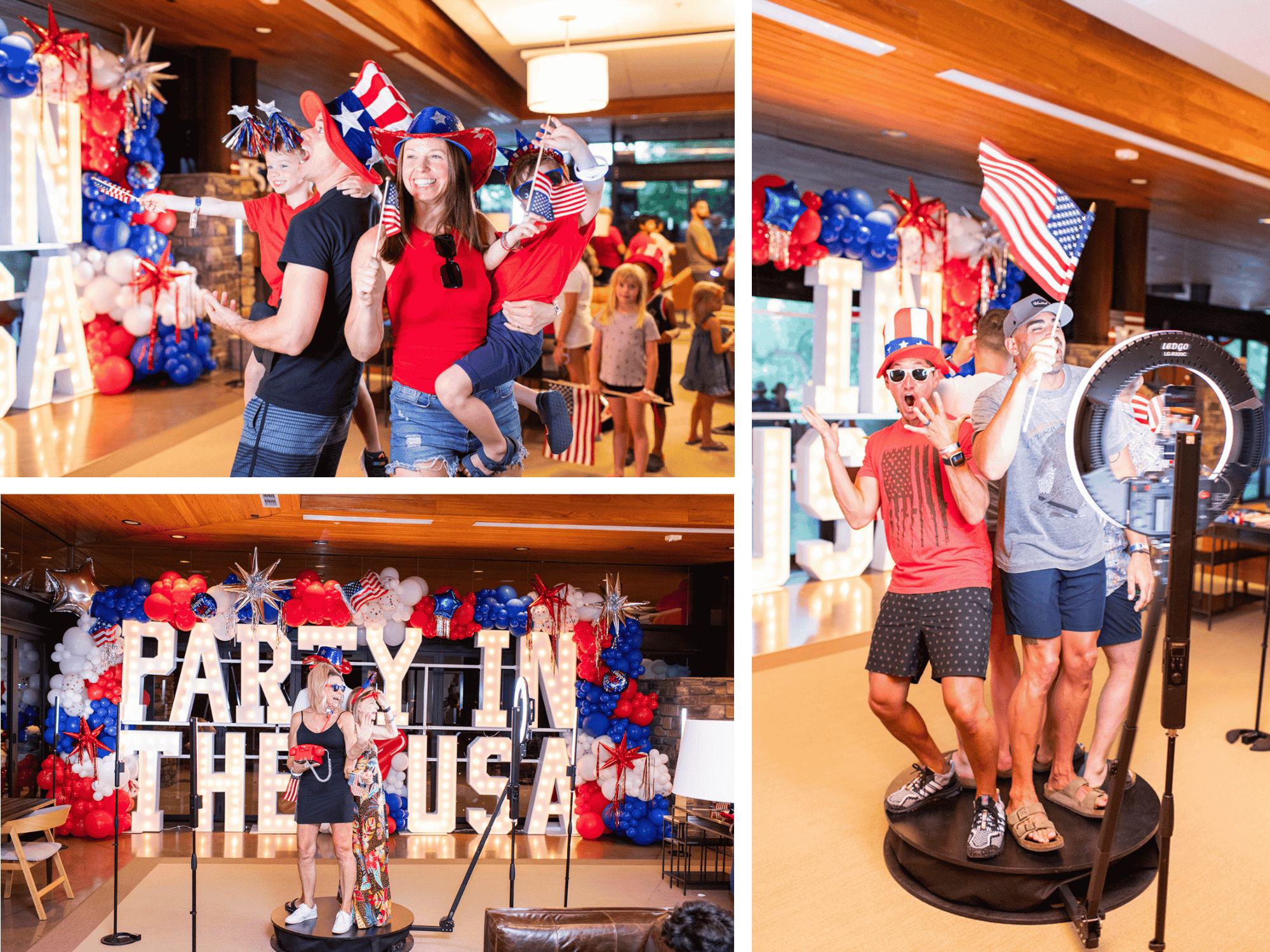 Guests celebrating at a 4th of July themed photo booth in Phoenix, Arizona, featuring MISGIF’s interactive 360 video booth and red, white, and blue balloon backdrop with “Party in the USA” marquee letters. Patriotic props, American flags, and high-energy guest participation make this USA themed photo booth rental perfect for Independence Day events and corporate celebrations across Arizona and the United States.