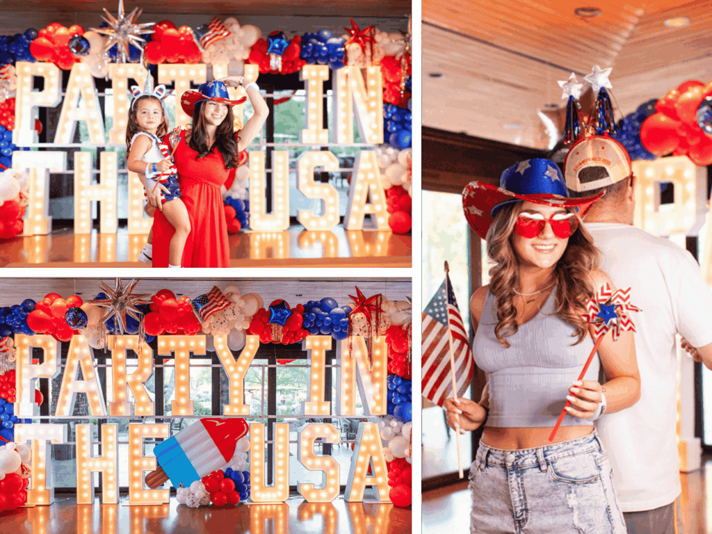 Guests posing in front of a red, white, and blue balloon display and “Party in the USA” marquee letters at a 4th of July photo booth rental in Phoenix, Arizona. Featuring festive props like American flags, patriotic hats, and pinwheels, this USA themed photo booth experience by MISGIF is perfect for Independence Day celebrations, community events, and corporate activations across Arizona and the United States.