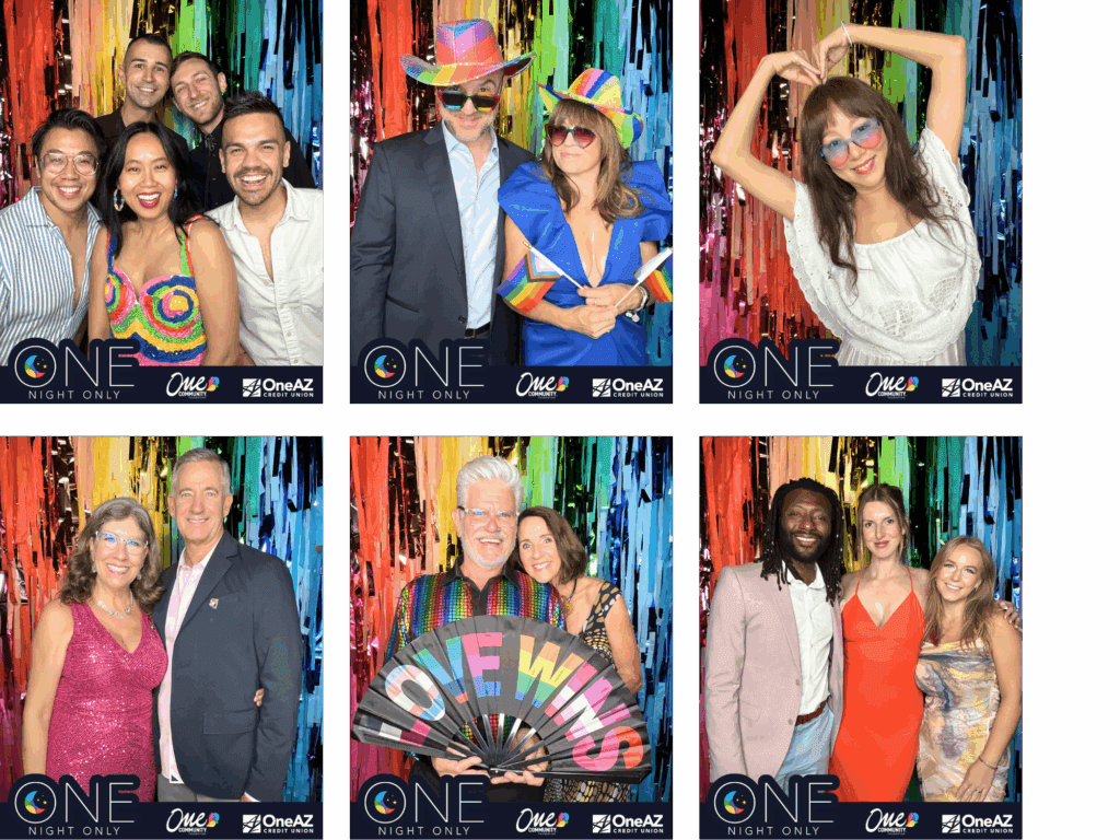 Vibrant Phoenix Arizona PRIDE Photo Booth with Rainbow Fringe Backdrop and Colorful Guest Portraits at ONE Community Event Sponsored by OneAZ Credit Union