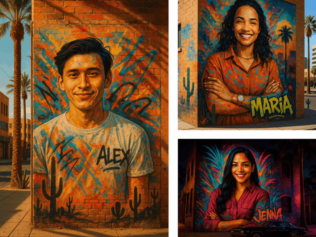 AI-generated graffiti-style portraits of diverse individuals on brick walls in downtown Phoenix, Arizona, created by MISGIF's Graffiti AI Photo Booth for corporate events. Each lifelike mural blends street art textures with vibrant desert-themed colors, cacti silhouettes, and personalized names like Alex, Maria, and Jenna. Ideal for branded photo activations and immersive Street Art AI Photo Booth experiences.