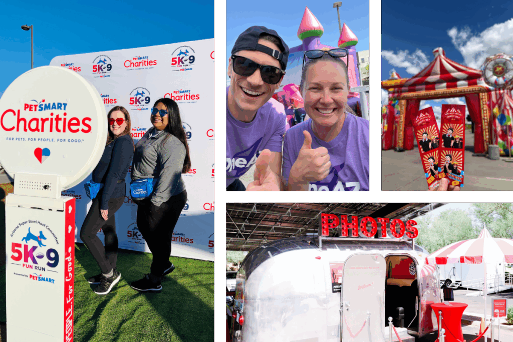 Outdoor photo booth rentals in Phoenix Arizona by MISGIF featuring carnival-themed setups, 360 photo booths at the PetSmart Charities 5K9 Fun Run, and custom Airstream photo booths at corporate events—expertly designed for heat-resistant outdoor activations, nonprofit events, and brand experiences in the Arizona sun.