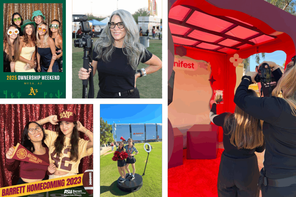 Outdoor Photo Booth Rentals in Phoenix Arizona featuring MISGIF’s professional setup at ASU Barrett Homecoming, Oakland A’s Spring Training Weekend in Mesa, and outdoor activations at State Farm Stadium and Manifest Festival. Highlights include 360 booths, custom photo experiences, and expert photographers—all tailored for outdoor corporate events in Arizona’s desert climate.