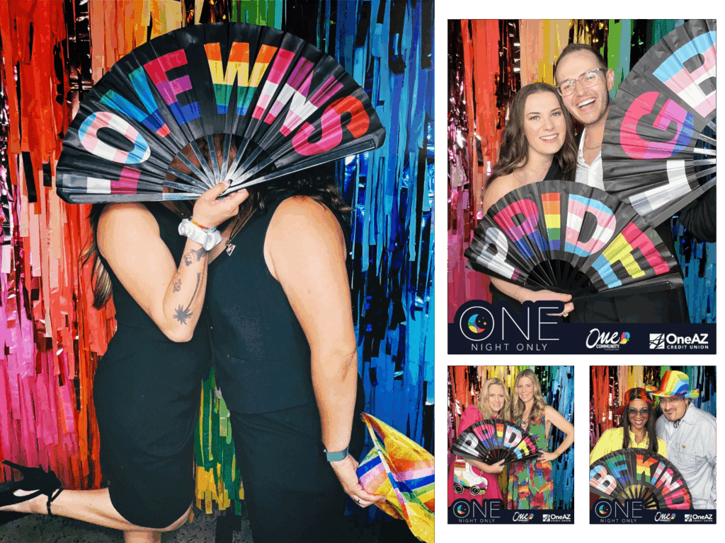 Colorful Rainbow Fringe Backdrop at Arizona Pride Event Featuring MISGIF’s Photo Booth with Custom Props and Branded Selfie Station