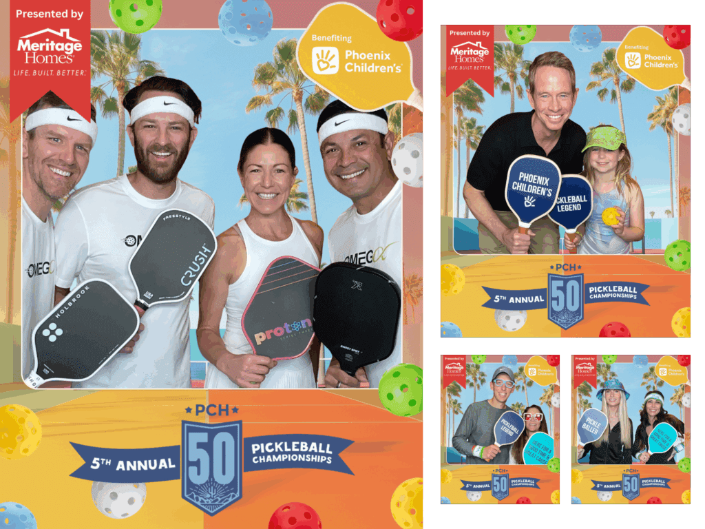 Participants pose in front of a tropical-themed green screen at the 5th Annual PCH50 Pickleball Championships fundraiser in Scottsdale, Arizona. Branded Magic Green Screen Photo Booth by MISGIF includes custom event overlays, sponsor Meritage Homes and Phoenix Children’s Hospital Foundation logos, and pickleball-themed props. Ideal example of a Phoenix Arizona Green Screen Photo Booth and Pickleball Photo Booth activation for nonprofit and corporate events.
