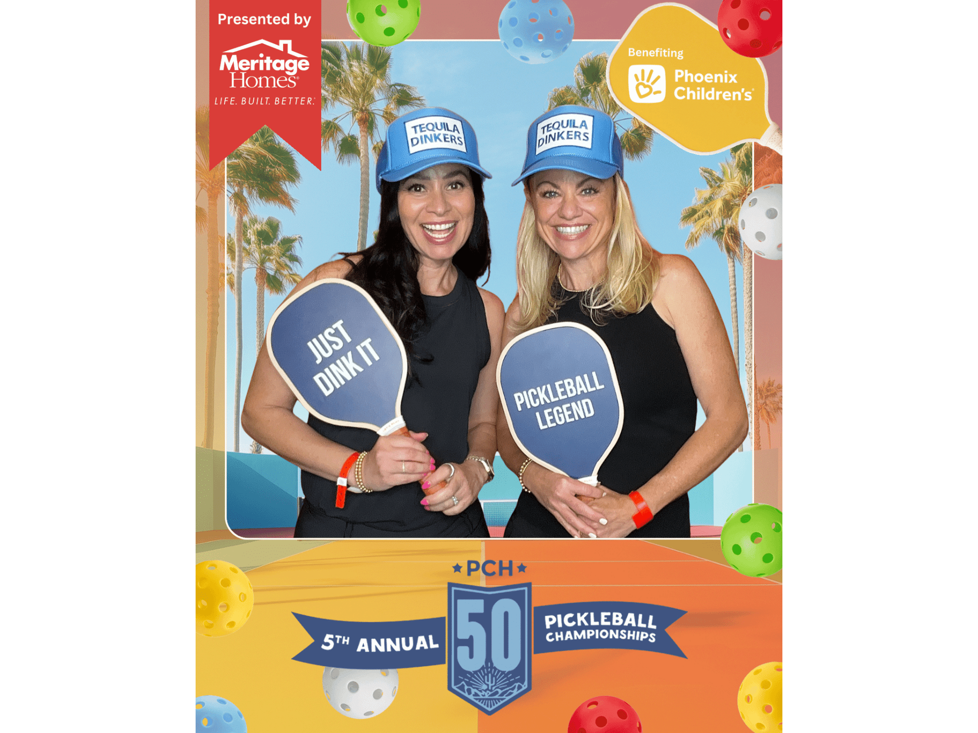 Two women pose with “Just Dink It” and “Pickleball Legend” paddles in front of a tropical green screen background at the PCH50 Pickleball Championships in Scottsdale, Arizona. Photo captured using MISGIF’s custom Magic Green Screen Photo Booth featuring Phoenix Children’s Hospital Foundation branding and sponsor Meritage Homes. A standout example of a Phoenix Arizona Green Screen Photo Booth and Pickleball Photo Booth experience for nonprofit events.