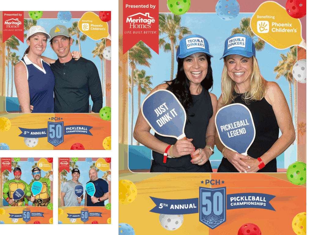 Guests pose with pickleball paddles and themed props at the 5th Annual PCH50 Pickleball Championships using MISGIF’s custom Magic Green Screen Photo Booth in Scottsdale, Arizona. The photo booth features branded overlays, event sponsor Meritage Homes, and Phoenix Children’s Hospital Foundation logos. A leading example of a Phoenix Arizona Green Screen Photo Booth and Pickleball Photo Booth rental for nonprofit and corporate events.