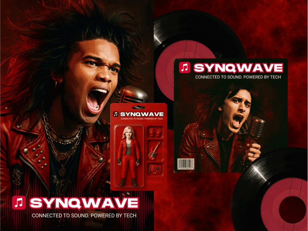 Phoenix Arizona Rockstar Photo Booth featuring AI-generated rockstar portraits, custom action figures, and vinyl album cover backdrops, highlighting the immersive Rock N Roll AI Photo Booth experience for brand activations and corporate events