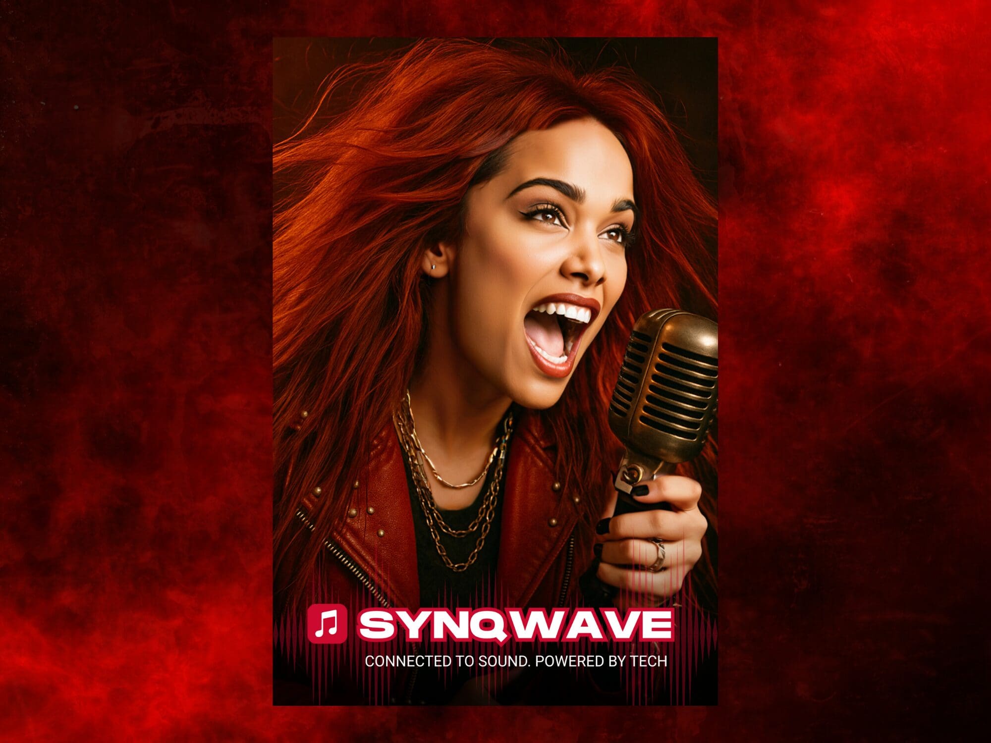Phoenix Arizona Rockstar Photo Booth guest transformed into a rockstar with fiery red hair, vintage microphone, and leather jacket, showcasing immersive Rock N Roll AI Photo Booth experience powered by SYNQWAVE