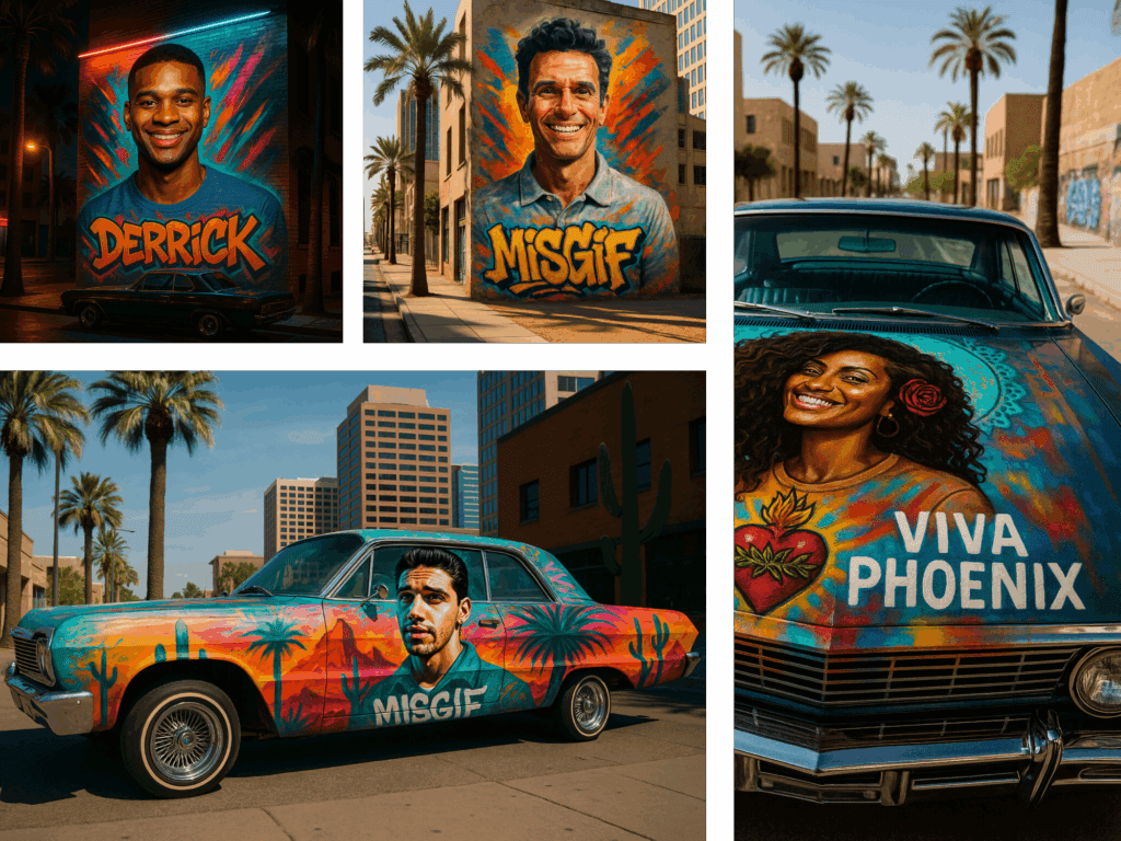 Street Art AI Photo Booth and Graffiti AI Photo Booth activation in downtown Phoenix featuring AI-generated murals of diverse individuals and vibrant graffiti-style artwork on lowrider cars. MISGIF transforms corporate event guests into custom graffiti portraits painted on city walls and classic cars with desert backgrounds, palm trees, and bold lettering like MISGIF, VIVA PHOENIX, and DERRICK.