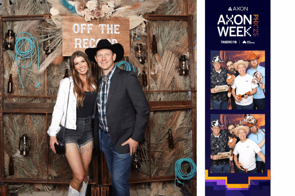 Sustainable Western-themed photo booth rental by MISGIF at a Phoenix, Arizona corporate event during AXON Week 2025, featuring reusable props, eco-friendly booth design, and a woman-owned business supporting local Arizona nonprofits and environmentally conscious event planning.