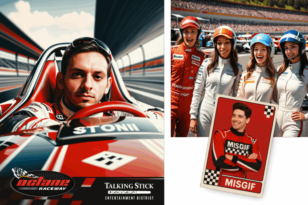AI-generated race car photo booth activation at Octane Raceway featuring a branded driver cockpit portrait, group photo of women in racing suits at a corporate event, and a custom MISGIF trading card. Designed for immersive, shareable race car themed events and branded AI photo booth experiences. Ideal for experiential marketing and team engagement at racing-themed activations.