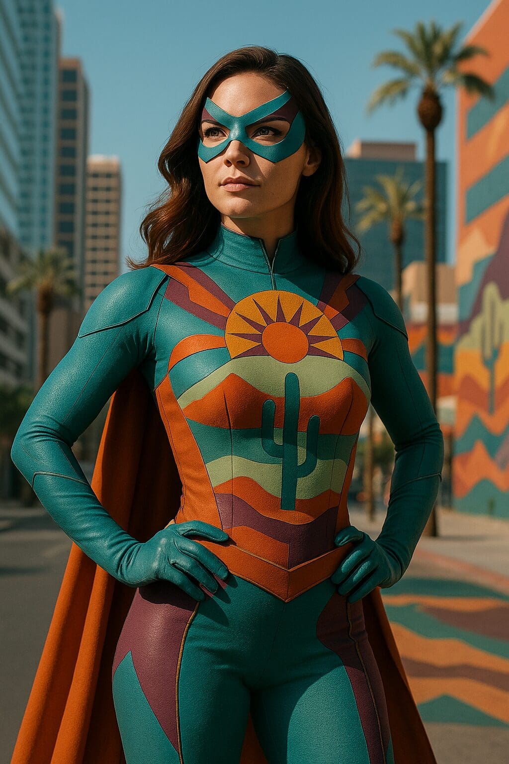 Female event attendee transformed into a custom Arizona-themed superhero using the Phoenix superhero AI photo booth rental, featuring a desert-inspired suit with a cactus crest and sunrise emblem—created by MISGIF for corporate events and brand activations in Phoenix AZ.
