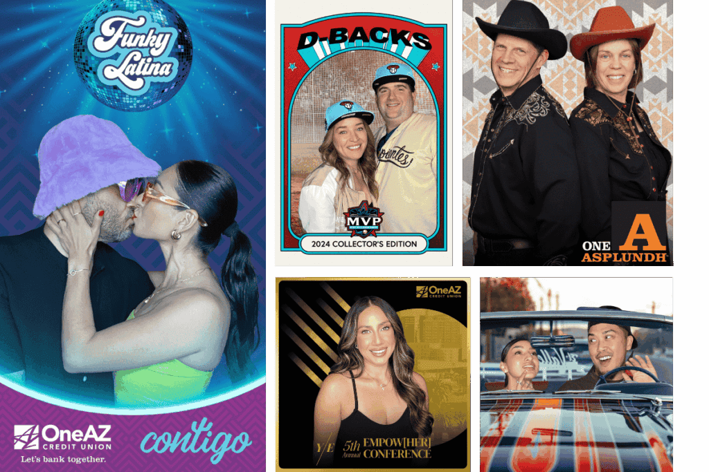 Custom green screen photo booth images by MISGIF at various branded events, including OneAZ Credit Union’s Contigo and Empow[HER] activations, an Arizona D-Backs collector’s card-style booth, a Western-themed Asplundh event, and a retro car ride theme. MISGIF provides immersive green screen photo booth rentals for corporate events, brand activations, conferences, and festivals in Phoenix, Arizona and nationwide.