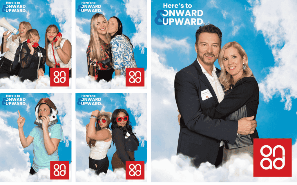 Event guests pose in MISGIF’s custom green screen photo booth rental for ON Advertising’s Phoenix open house, featuring a branded cloud-themed background, “Here’s to Onward & Upward” overlay, and ON Advertising logo. A high-impact, interactive green screen photo booth for corporate events, brand activations, and social media engagement in Phoenix, Arizona.