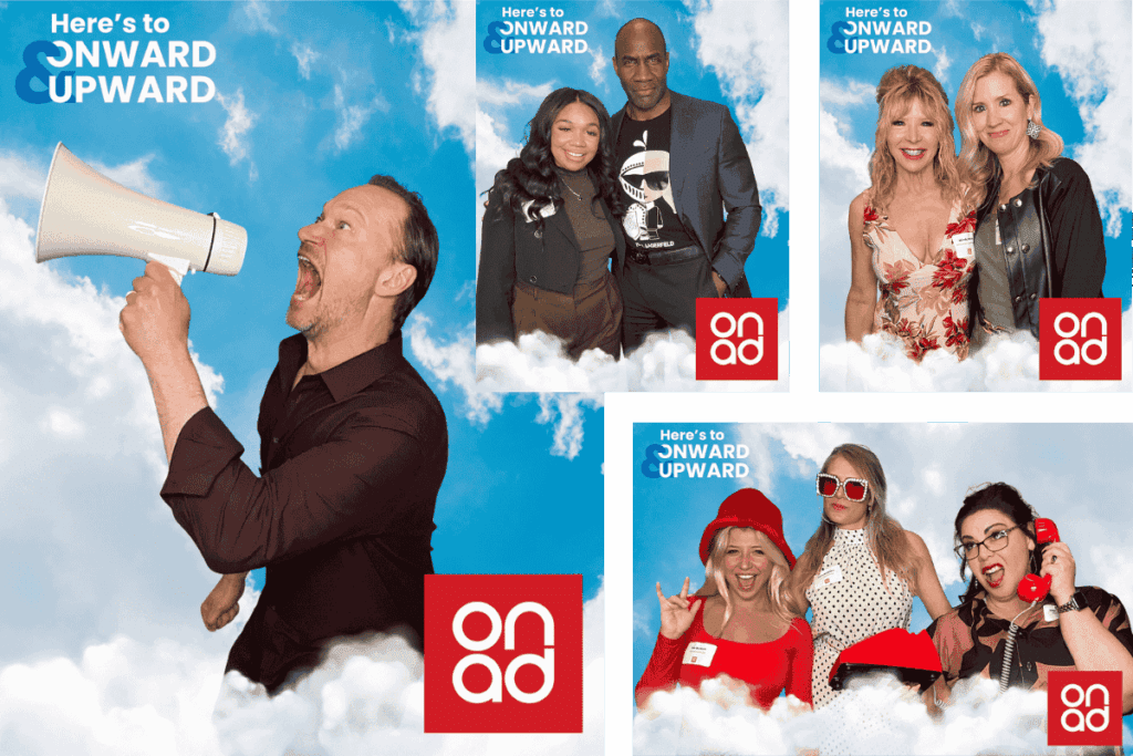 Guests pose in front of a custom cloud-themed green screen photo booth by MISGIF for ON Advertising’s Phoenix event, featuring the phrase “Here’s to Onward & Upward” and branded overlays. A high-energy and immersive green screen booth rental for corporate events, social media engagement, and brand activations in Phoenix, Arizona.