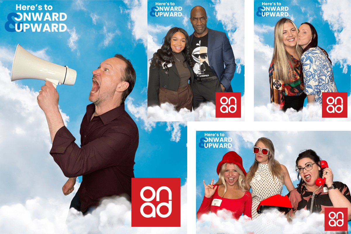Guests pose in front of a custom cloud-themed green screen photo booth by MISGIF for ON Advertising’s Phoenix event, featuring the phrase “Here’s to Onward & Upward” and branded overlays. A high-energy and immersive green screen booth rental for corporate events, social media engagement, and brand activations in Phoenix, Arizona.