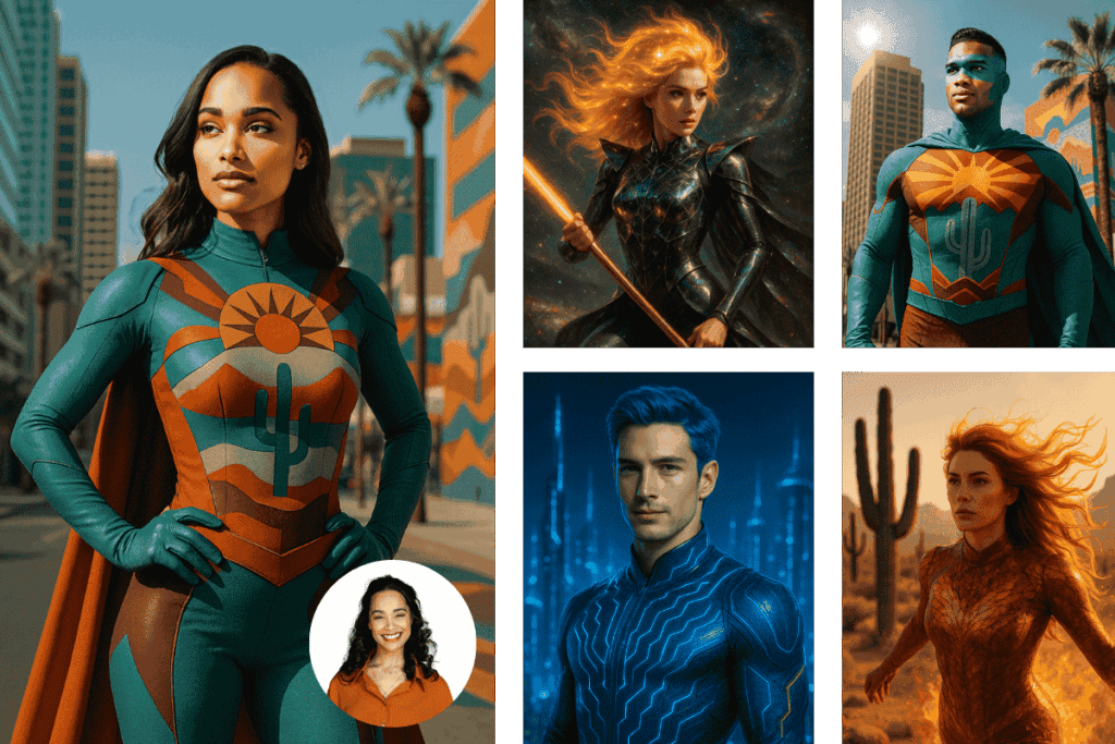 Group of event attendees transformed into custom AI-generated superheroes using the Phoenix superhero AI photo booth rental, featuring Arizona-themed suits, cosmic characters, and futuristic designs—created by MISGIF for corporate events, conferences, and brand activations in Phoenix AZ.