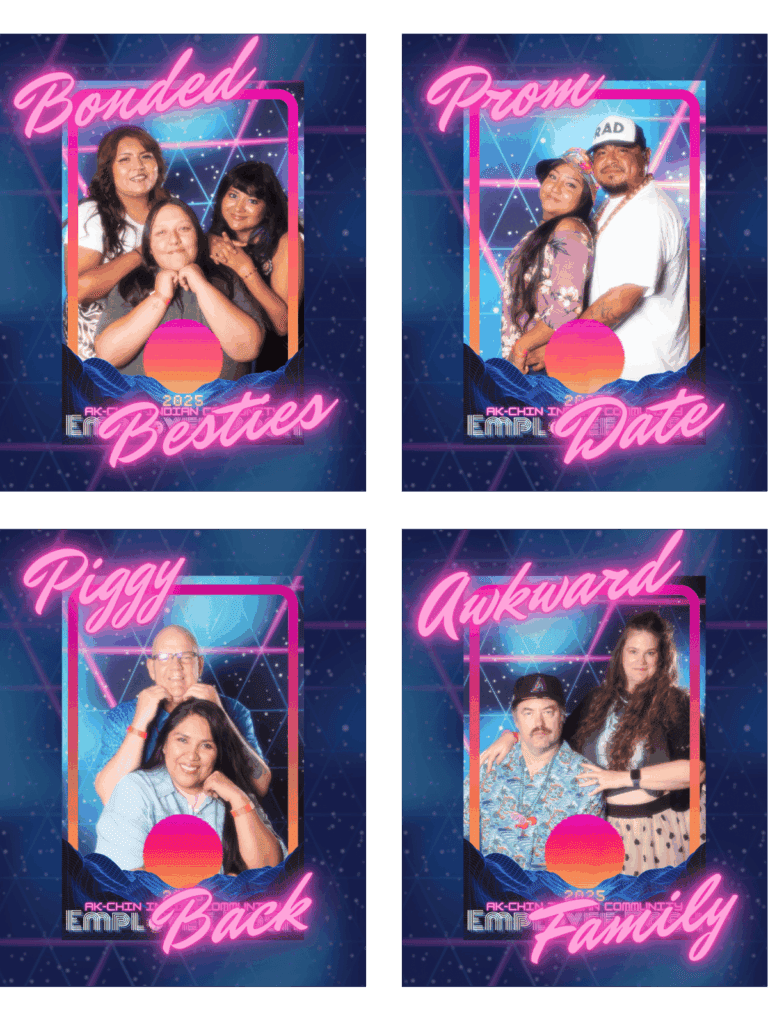 Groups of guests posing in MISGIF’s 80's Glamour Shot Photo Booth Phoenix AZ, showing classic 80's Glamour Shot Poses titled “Bonded Besties,” “Prom Date,” “Piggy Back,” and “Awkward Family.” This 80's Themed Photo Booth recreates the nostalgic charm of JC Penney's Photo Booth and Awkward Family Photos, delivering a Portrait Studio Photo Booth experience designed for corporate events, brand activations, and PR campaigns. A must-have Awkward Family Photo Booth option that entertains guests and creates shareable 1980’s inspired portraits for events in Phoenix and nationwide.
