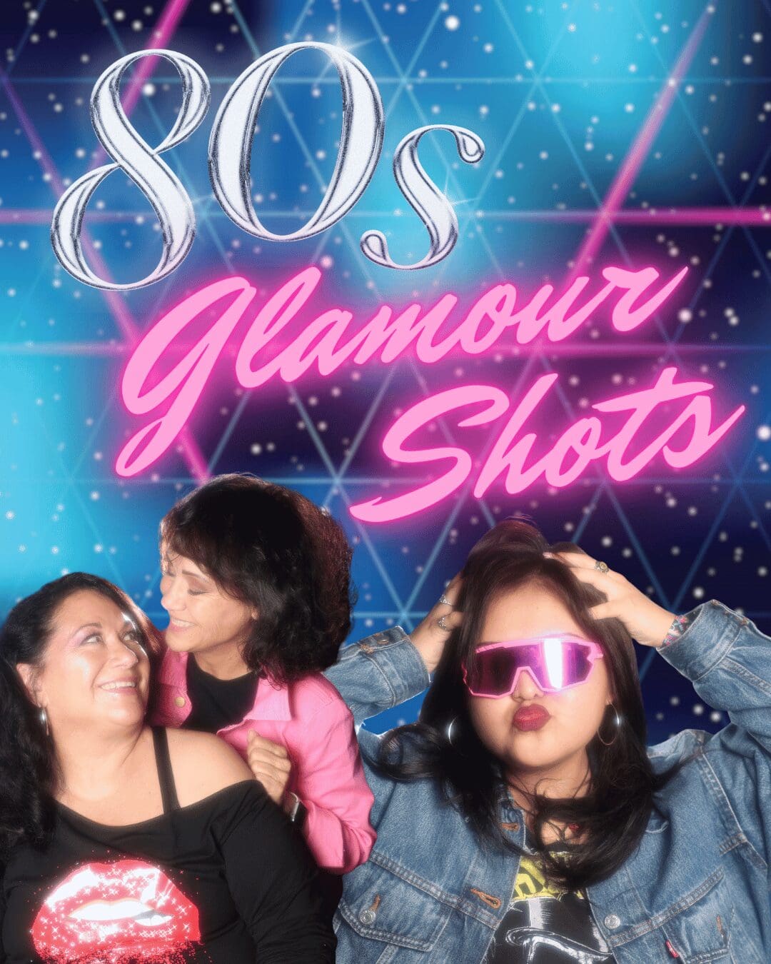 Group of guests posing inside MISGIF’s 80's Glamour Shot Photo Booth in Phoenix AZ, recreating classic 80's Glamour Shot Poses with neon backdrops, bold outfits, and soft-focus lighting. This 80's Themed Photo Booth captures the fun of Awkward Family Photos and the nostalgia of a JC Penney's Photo Booth, while delivering a modern Portrait Studio Photo Booth experience designed for corporate events, brand activations, and PR campaigns in Phoenix and nationwide.