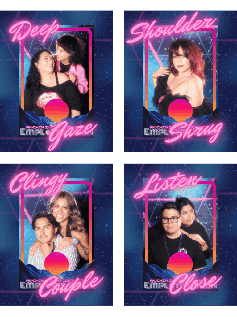 Guests striking fun and nostalgic 80's Glamour Shot Poses inside MISGIF’s 80's Glamour Shot Photo Booth in Phoenix AZ, featuring retro frames labeled “Deep Gaze,” “Shoulder Shrug,” “Clingy Couple,” and “Listen Close.” This 80's Themed Photo Booth recreates the look of JC Penney's Photo Booth and Awkward Family Photos, offering a custom Portrait Studio Photo Booth experience perfect for corporate events, brand activations, and PR campaigns. A top choice nationwide for planners seeking a unique Awkward Family Photo Booth with authentic 1980’s vibes.