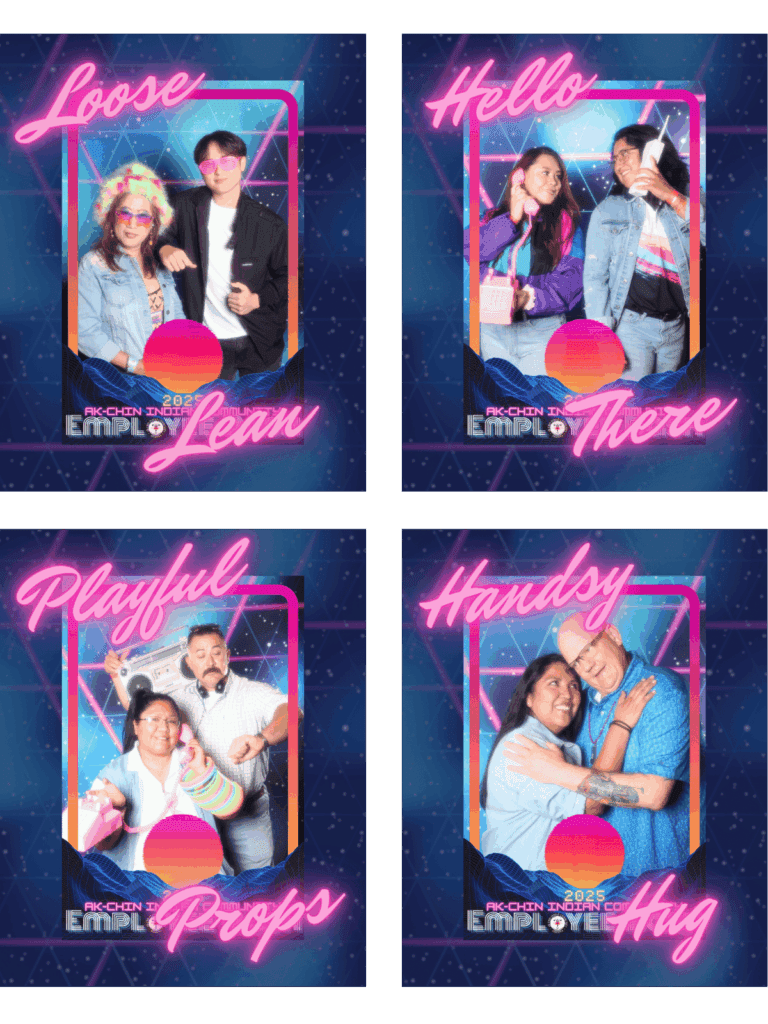 Guests posing in MISGIF’s 80's Glamour Shot Photo Booth Phoenix AZ, showcasing retro 80's Glamour Shot Poses labeled “Loose Lean,” “Hello There,” “Playful Props,” and “Handsy Hug.” This 80's Themed Photo Booth recreates the nostalgic style of JC Penney's Photo Booth and Awkward Family Photos, delivering a custom Portrait Studio Photo Booth experience. Perfect for corporate events, brand activations, and PR campaigns, this Awkward Family Photo Booth brings fun, unique 1980’s vibes to Phoenix and nationwide events.