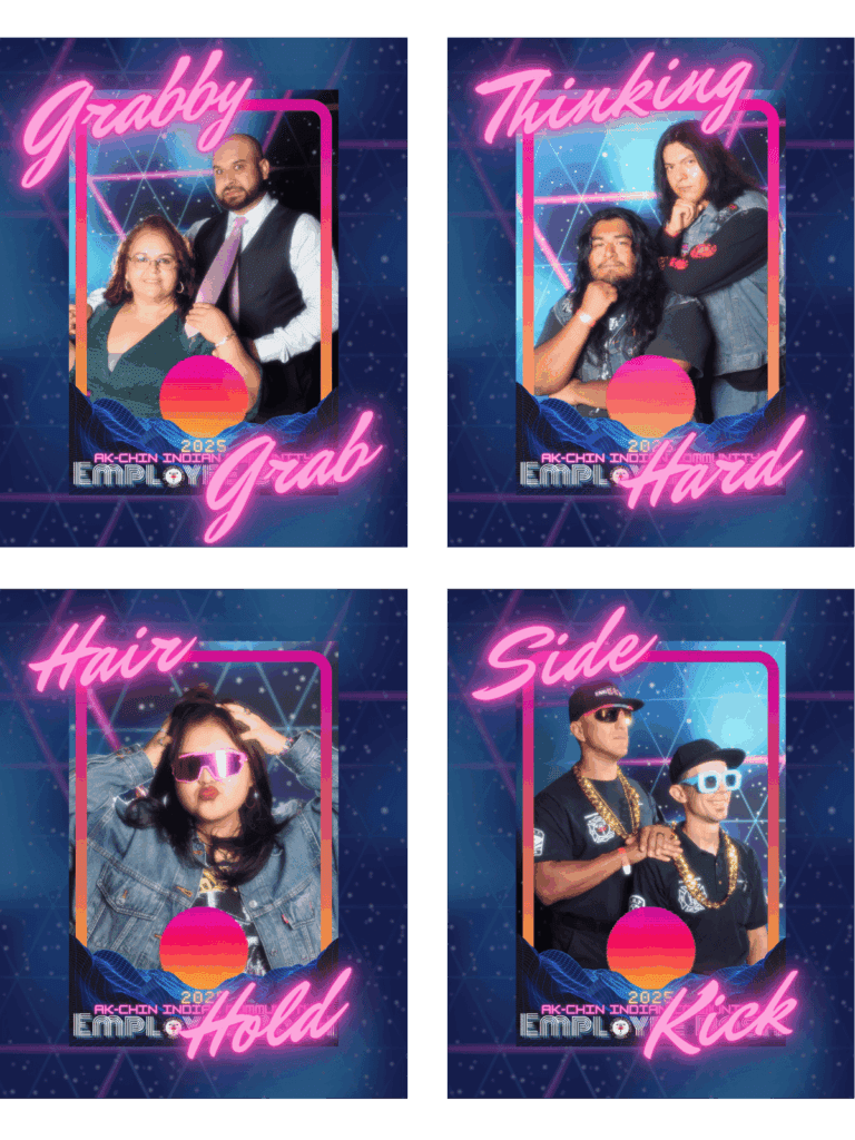 Guests posing inside MISGIF’s 80's Glamour Shot Photo Booth Phoenix AZ, showing classic 80's Glamour Shot Poses labeled “Grabby Grab,” “Thinking Hard,” “Hair Hold,” and “Side Kick.” This 80's Themed Photo Booth captures the fun of Awkward Family Photos and the nostalgic style of JC Penney's Photo Booth, while delivering a custom Portrait Studio Photo Booth experience. Perfect for corporate events, brand activations, and PR campaigns, this Awkward Family Photo Booth option is a top choice for event planners in Phoenix and nationwide.