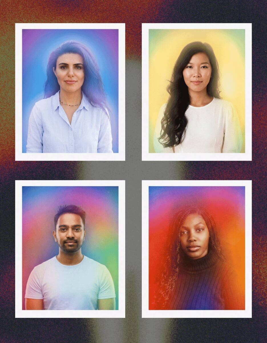 Eight diverse people with colorful aura portraits in photo frames, showcasing MISGIF Aura Photo Booth experience for corporate events and brand activations